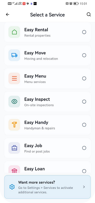 EasyApply app - select a service